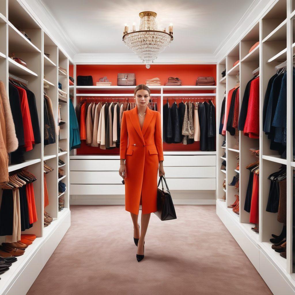 A stylish woman standing confidently in front of a vast walk-in closet, showcasing an array of elegant wardrobe essentials and trendsetting accessories like statement jewelry, chic handbags, and luxury shoes. The closet is organized with bold colors and sleek lines, exuding sophistication and modernity. High fashion outfits hang neatly, reflecting a blend of classic and contemporary styles. super-realistic. vibrant colors. highly detailed.